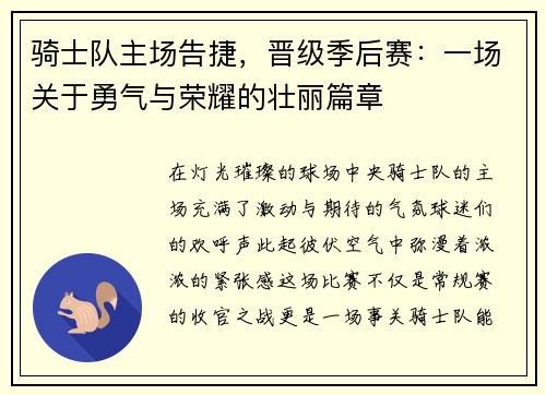 骑士队主场告捷，晋级季后赛：一场关于勇气与荣耀的壮丽篇章